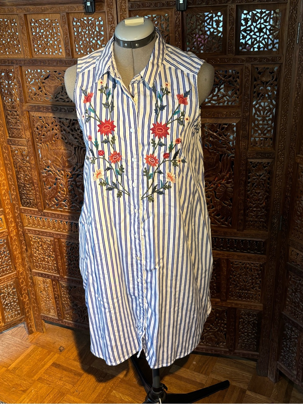 Sleeveless Blue & White Striped Embroidered Midi Dress